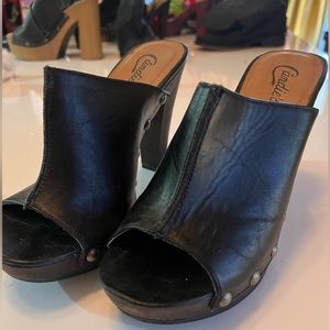 Candie’s platform vegan leather slide heel with platform and wooden heel. New.